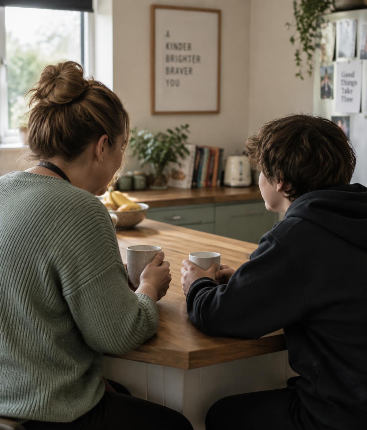 Begeleider en jongere in gesprek aan de keukentafel