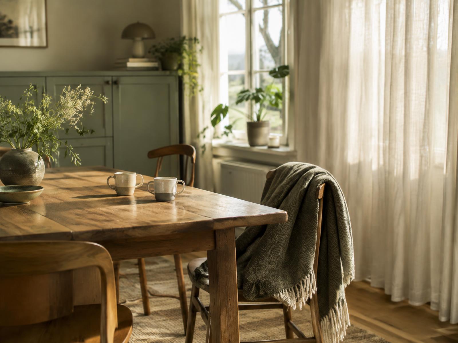 Rustige eettafel in een huiselijke woonkamer