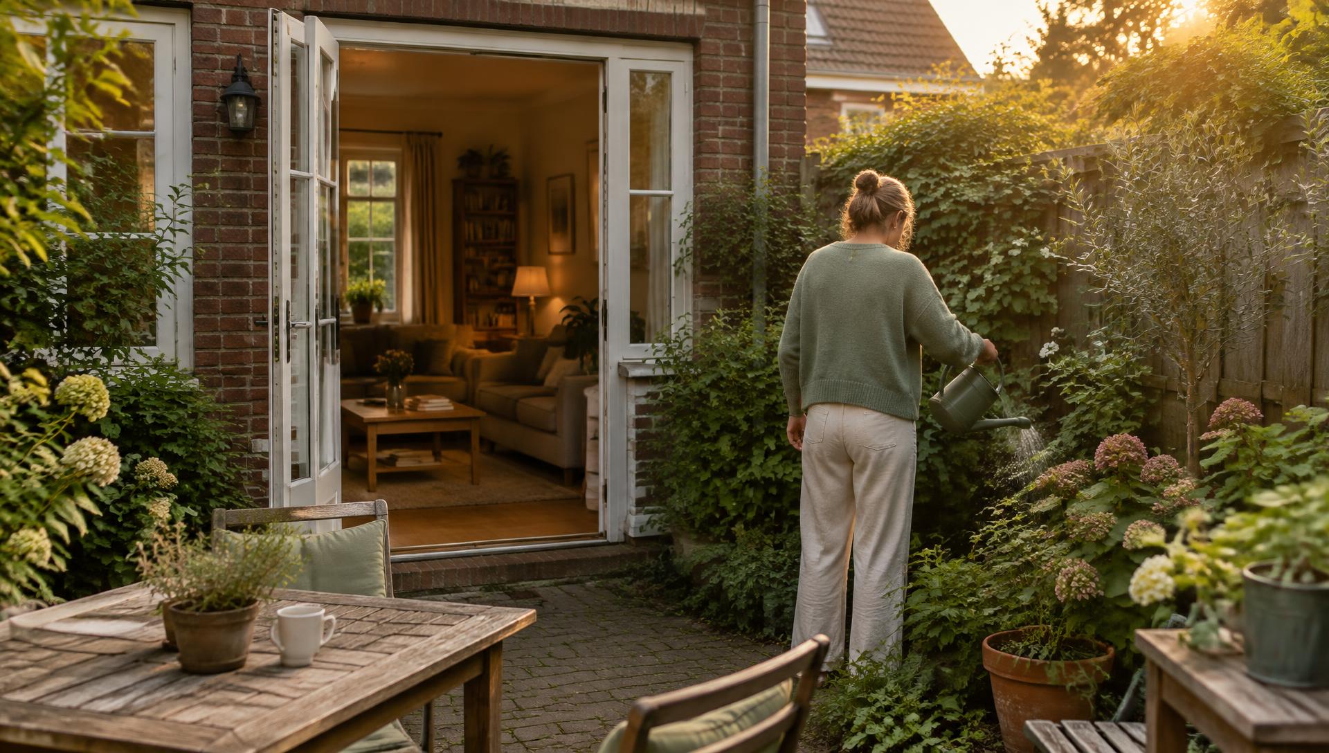 Rustige achtertuin van een woning met open tuindeuren naar een warme woonkamer