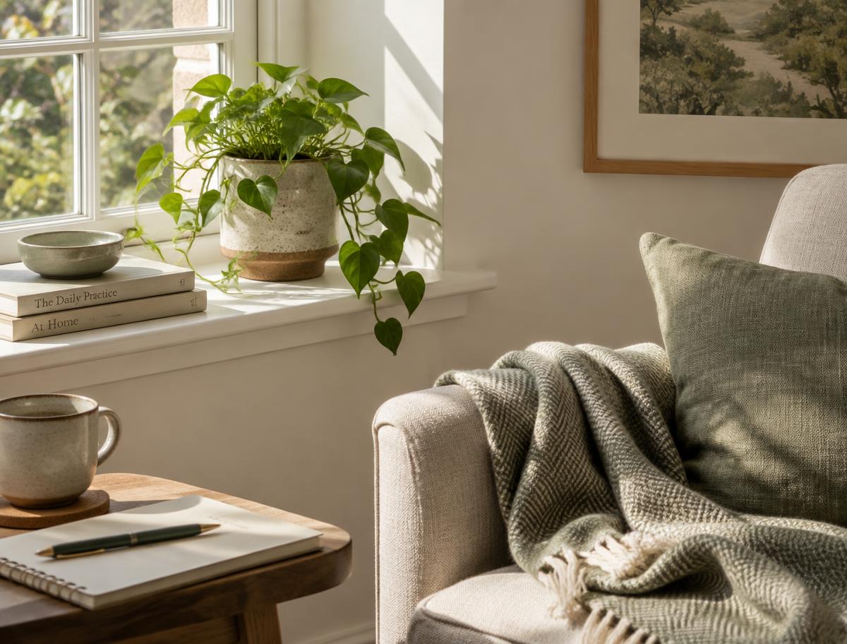 Detail van een lichte woonkamer met plant op de vensterbank