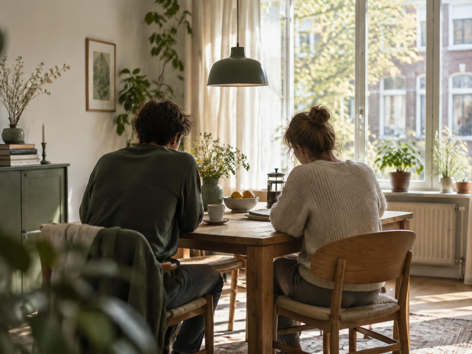 Rustige, lichte woonkamer met een eettafel bij het raam