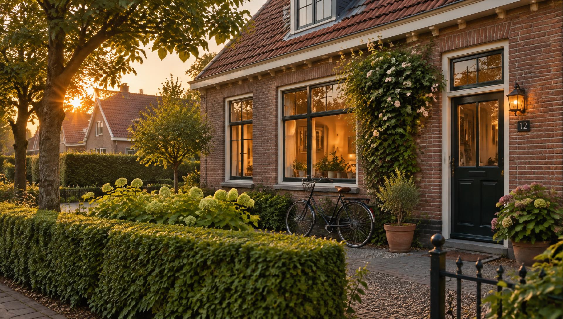 Huiselijke woning met tuin in zacht avondlicht