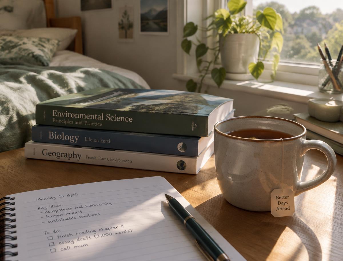 Schoolboeken, notitieboek en een kop thee op een bureau bij het raam